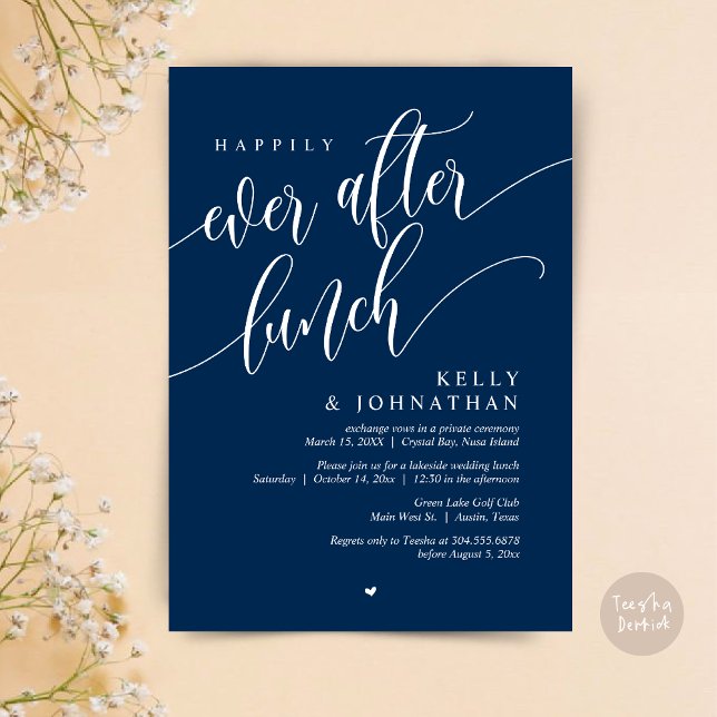 Convites Feliz Dia Após Almoço De Casamento, Marinho Azul (Happily Ever After Lunch Invitation Card, PDF, Post Wedding Celebration, in Classy Navy Blue)