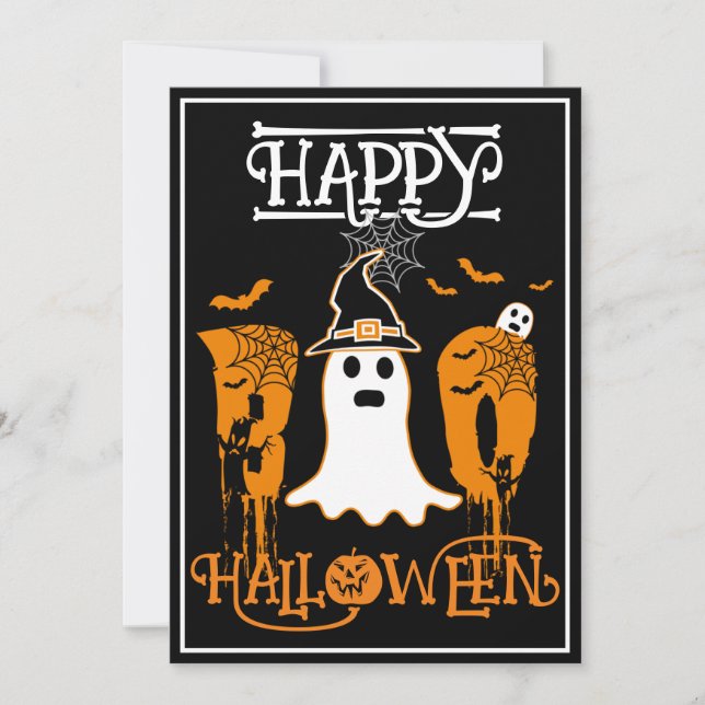 CONVITES FELIZ DIA DAS BRUXAS BOO GHOST BRANCO FESTA ASSUST (Frente)