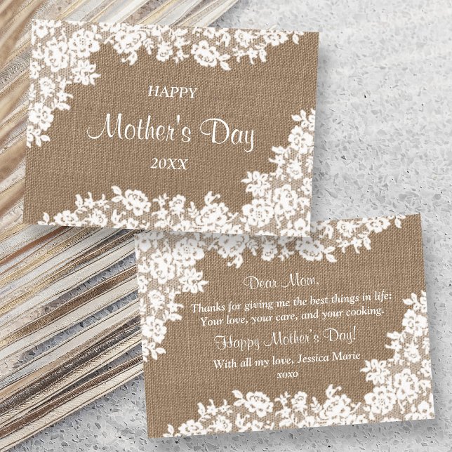 Convites Feliz Dia das Mães | Rustic Burlap & Renda Branca (Criador carregado)