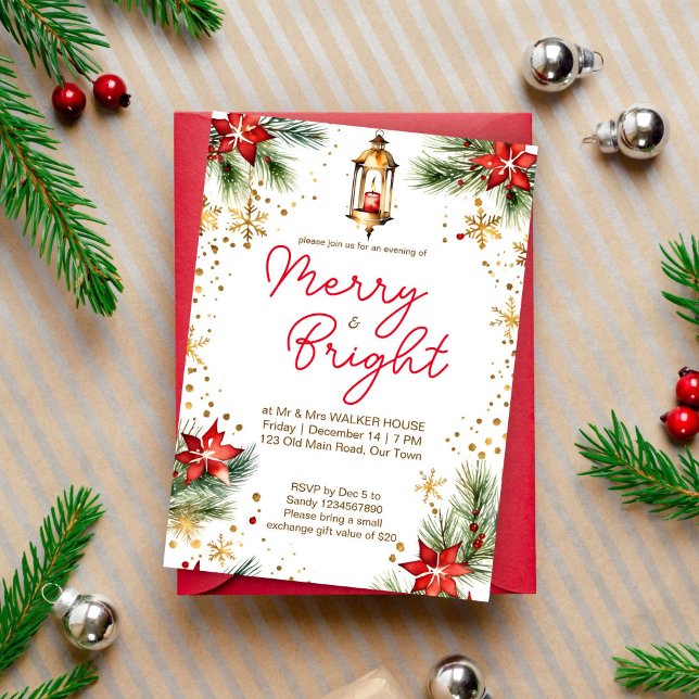 Convites Feliz e brilhante lanterna da festa de janto de Na (Merry and bright Christmas dinner party editable template invitation digital download poinsettia )