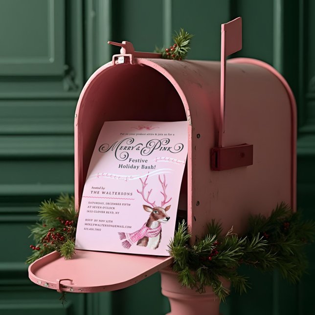 Convites Feliz e Revista Rosa Feriado Bash Reindeer Rosa (Merry & Pink Fun Holiday Bash Reindeer Pink Scarf Party Invitation)