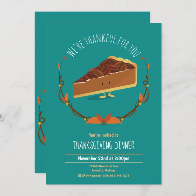 Convites Feliz Feriado Feliz Pecan Pie Convide Teal (Frente/Verso)