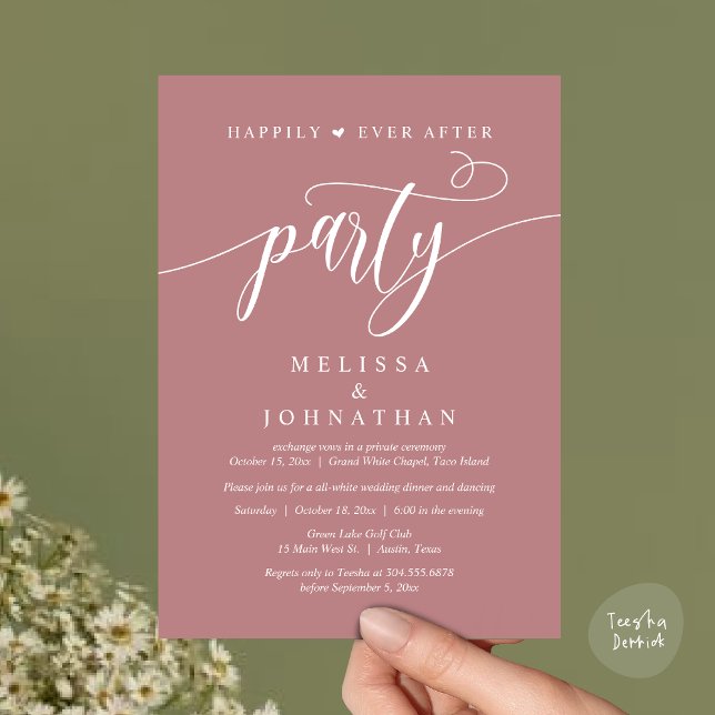 Convites Feliz Festa Após Festa, Janto De Casamento Dançand (Happily Ever After Dinner, Wedding Party Dancing Invitation Card PDF Modern Rustic Dusty Rose Pink)