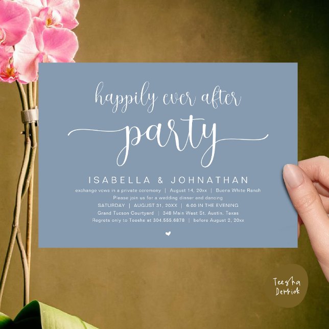 Convites Feliz Festa Após Festa, Janto De Casamento Dançand (Happily Ever After Party, Wedding Dinner Dancing Invitation Card, PDF, Modern Dusty Blue)