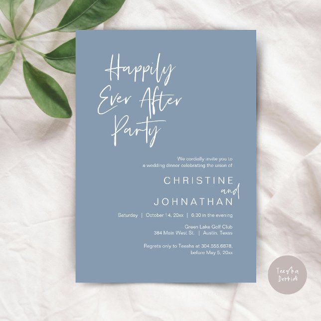 Convites Feliz Festa Após Festa, Janto De Casamento Dançand (Happily Ever After Party, Wedding Dinner Dancing Invitation Card, PDF, Dusty Blue)