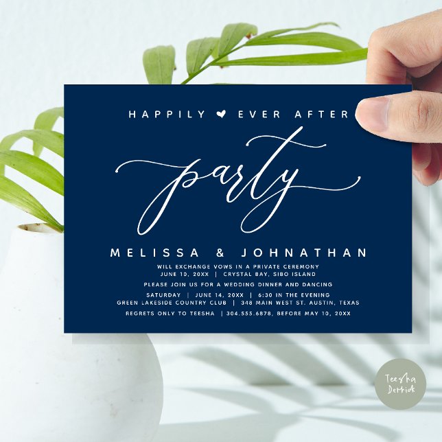 Convites Feliz Festa Após Festa, Marinho Janto Casamento Az (Modern Romantic Wedding Elopement Happily Ever After Dinner Party Invitation Card, PDF, Navy Blue)