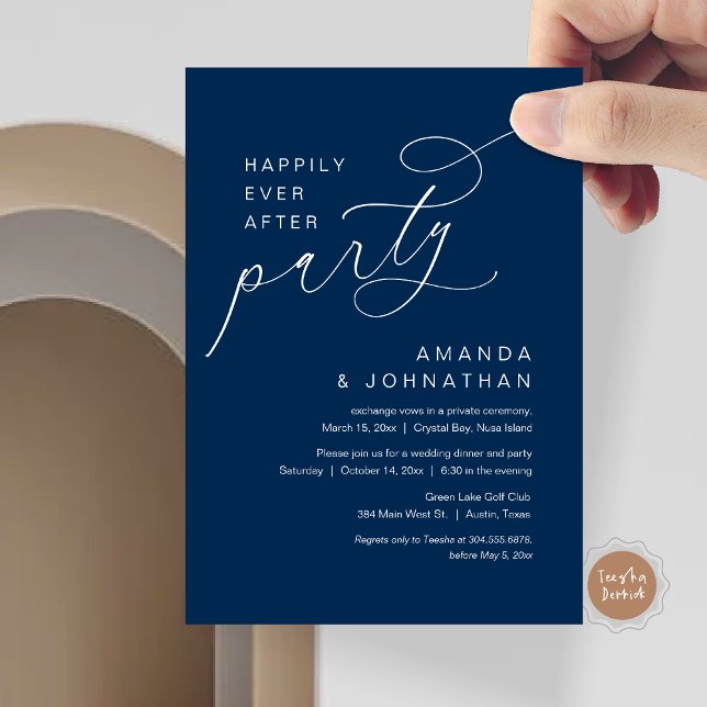 Convites Feliz Festa Depois, Casamento Romântico (Happily Ever After Party, Modern Romantic Wedding Dinner Invitation Card in navy blue)