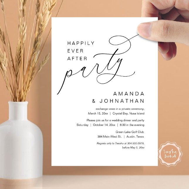 Convites Feliz Festa Depois, Casamento Romântico (Happily Ever After Party, Modern Romantic Wedding Dinner Invitation Card in Black and White)