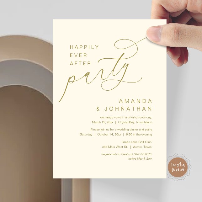 Convites Feliz Festa Depois, Casamento Romântico (Modern Romantic Script, Happily Ever After Party Invitation Card, in classy gold)