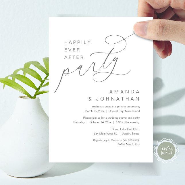 Convites Feliz Festa Depois, Casamento Romântico (Happily Ever After Party, Modern Romantic Wedding Dinner Invitation Card in Dark Grey)