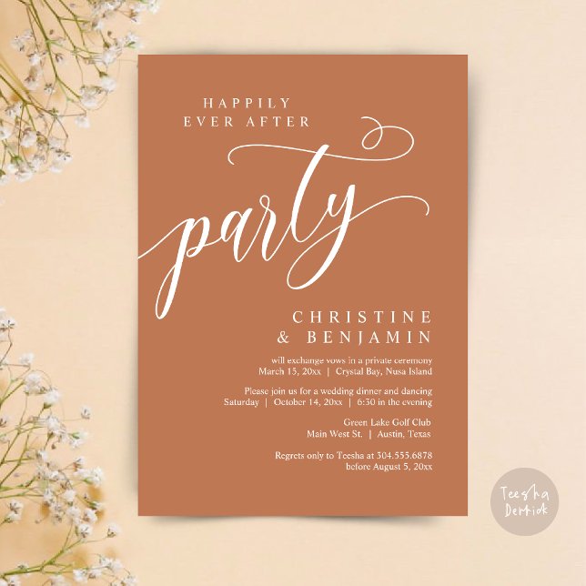 Convites Feliz Festa Depois, Elopemento De Casamento (Happily Ever After Party, Modern Romance Wedding Elopement Invitation Card, PDF, in Copper Brown)