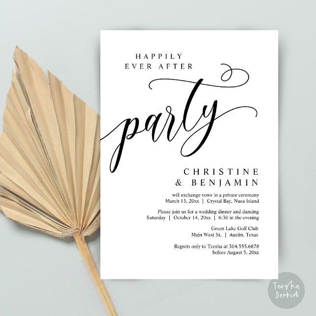 Convites Feliz Festa Depois, Elopemento De Casamento (Happily Ever After Party, Modern Romance Wedding Elopement Invitation Card, PDF, Elegant Black White)