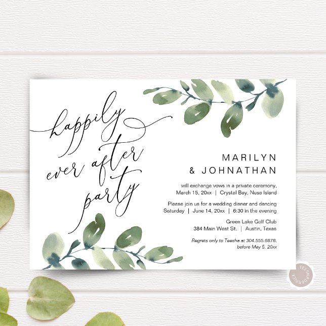 Convites Feliz Festa Depois, Elopemento, Greenerescência (Happily Ever After Party, Elopement Dinner Invitation Card, Greenery Eucalyptus, Digital Download)