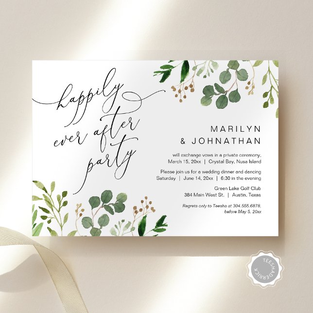 Convites Feliz Festa Depois, Elopemento, Greenerescência (Happily Ever After Party, Wedding Elopement, Greenery Eucalyptus Invitation Card, Downloadable)