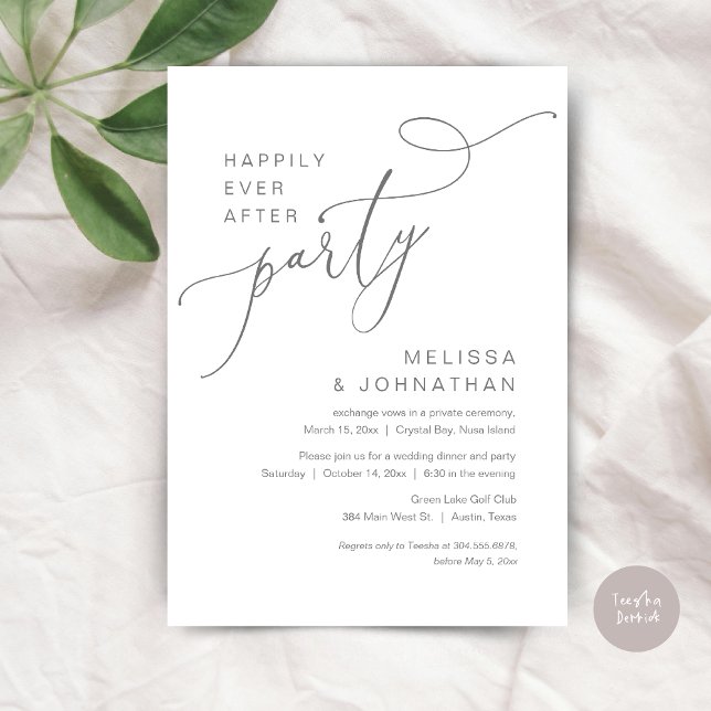 Convites Feliz Festa Depois, Janta De Casamento, Cinza (Happily Ever After Party, Romantic Wedding Dinner and Dancing Invitation Card, PDF, in Dark Grey)