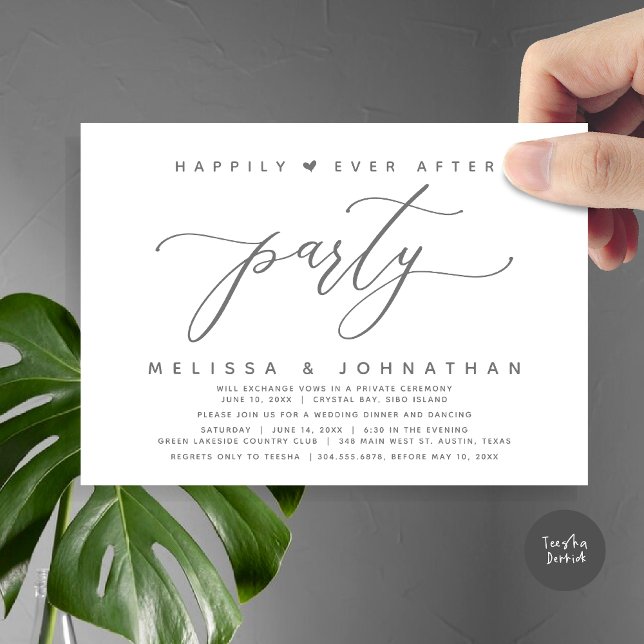 Convites Feliz Festa Depois, Janto De Casamento De Cinzas E (Modern Romantic Wedding Elopement Happily Ever After Dinner Party Invitation Card, PDF, Grey)