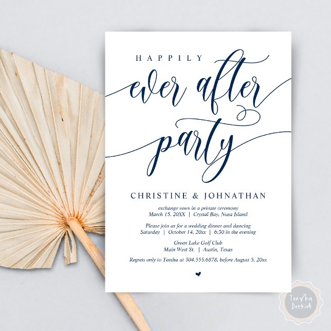 Convites Feliz Festa Depois, Janto de Elopemento de Casamen (Happily Ever After Party, Wedding Elopement Dinner Invitation Card, PDF, in Navy Blue)