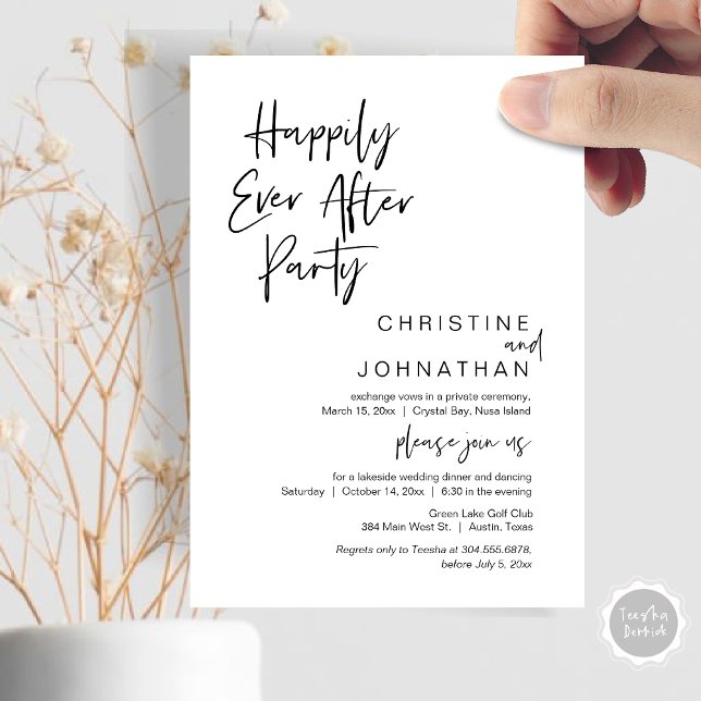 Convites Feliz Festa Depois, Janto de Elopemento de Casamen (Happily Ever After Party, Wedding Elopement Dinner Invitation Card, in minimalist Black and White.)