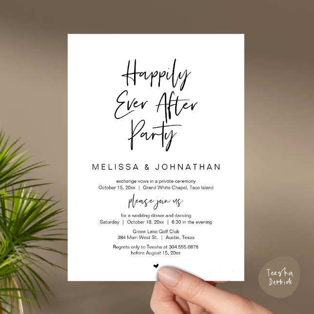 Convites Feliz Festa Depois, Janto de Elopemento de Casamen (Happily Ever After Party, Wedding Elopement Dinner Brunch Lunch Invitation Card, PDF, White Black)