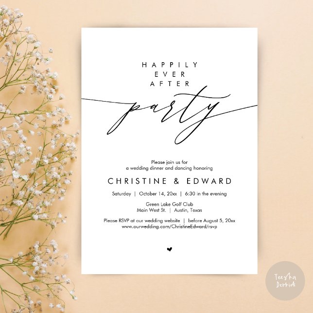 Convites Feliz Festa Depois, Janto Moderno de Casamento (Happily Ever After Party, Modern Minimalist Wedding Dinner Invitation Card, PDF, Black and White)