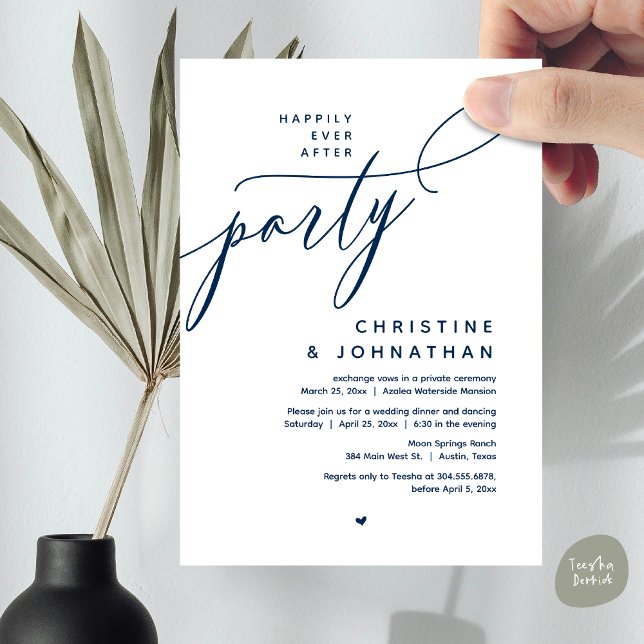 Convites Feliz Festa Depois, Janto Moderno de Casamento (Romantic Happily Ever After Party, Modern Wedding Dinner Invitation Card, PDF, Classy Navy Blue)