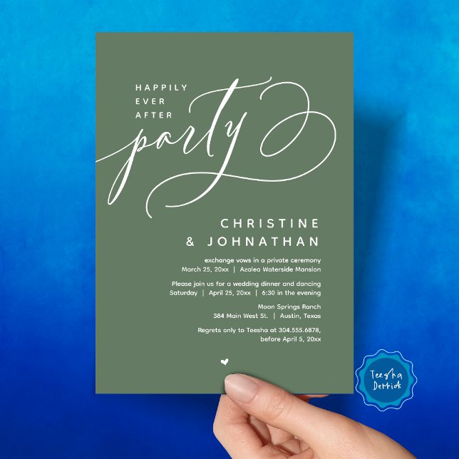 Convites Feliz Festa Depois, Janto Moderno de Casamento (Romantic Happily Ever After Party, Modern Wedding Dinner Invitation Card, PDF, Forest Sage Green)