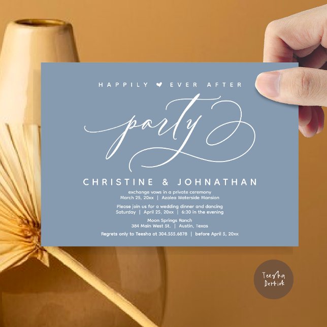 Convites Feliz Festa Depois, Janto Moderno de Casamento (Happily Ever After Party, Modern Wedding Dinner Invitation Card, Modern Romantic, PDF, Dusty Blue)