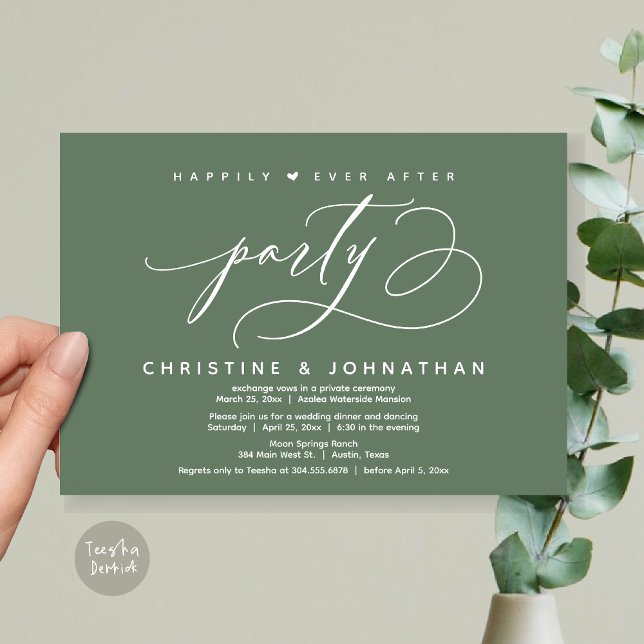 Convites Feliz Festa Depois, Janto Moderno de Casamento (Happily Ever After Party, Modern Wedding Dinner Invitation Card, Modern Romantic, PDF, Sage Green)