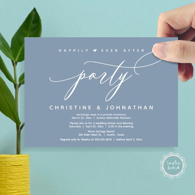 Convites Feliz Festa Depois, Janto Moderno de Casamento (Happily Ever After Party, Modern Wedding Dinner Invitation Card, Modern Romantic, PDF, Dusty Blue)