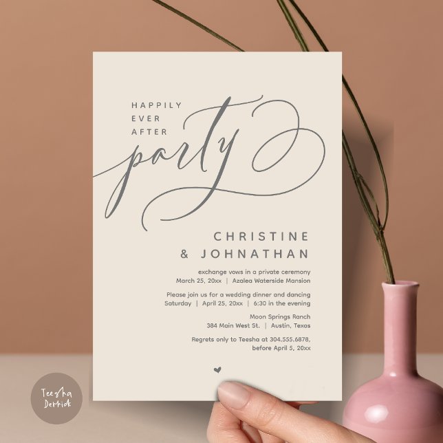 Convites Feliz Festa Depois, Janto Moderno de Casamento (Romantic Happily Ever After Party, Modern Wedding Dinner Invitation Card, PDF, Cream Grey)
