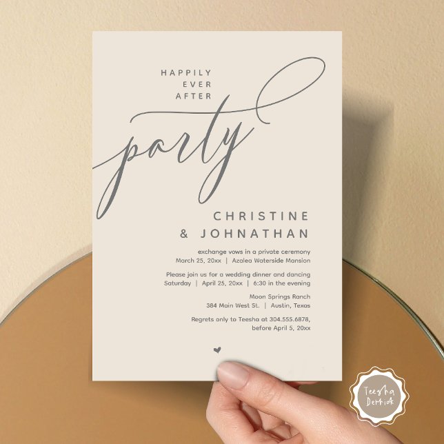 Convites Feliz Festa Depois, Janto Moderno de Casamento (Romantic Happily Ever After Party, Modern Wedding Dinner Invitation Card, PDF, Cream Grey)