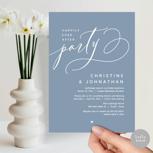Convites Feliz Festa Depois, Janto Moderno de Casamento (Romantic Happily Ever After Party, Modern Wedding Dinner Invitation Card, PDF, Dusty Blue)