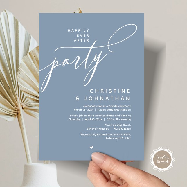 Convites Feliz Festa Depois, Janto Moderno de Casamento (Romantic Happily Ever After Party, Modern Wedding Dinner Invitation Card, PDF, Dusty Blue)