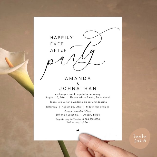 Convites Feliz Festa Depois, Janto Romântico de Casamento (Happily Ever After Party, Modern Romantic Wedding Dinner Invitation Card, PDF, White Black)