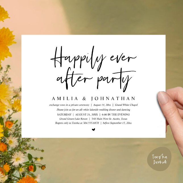 Convites Feliz Festa Depois, Janto Romântico de Casamento (Happily Ever After Party, After the wedding celebration Romantic Dinner Invites Card PDF White Black)