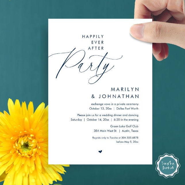 Convites Feliz Festa Depois, Janto Romântico de Casamento (Happily Ever After Party, Modern Romantic Wedding Dinner Invitation Card, PDF, in Navy Blue)