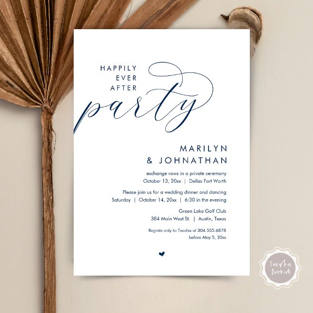 Convites Feliz Festa Depois, Janto Romântico de Casamento (Happily Ever After Party, Modern Romantic Wedding Dinner Invitation Card, PDF, in Navy Blue)
