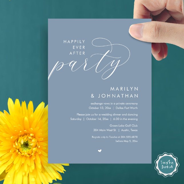Convites Feliz Festa Depois, Janto Romântico de Casamento (Happily Ever After Party, Modern Romantic Wedding Dinner Invitation Card, PDF, in Dusty Blue)