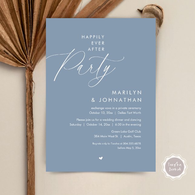 Convites Feliz Festa Depois, Janto Romântico de Casamento (Happily Ever After Party, Modern Romantic Wedding Dinner Invitation Card, PDF, in Dusty Blue)