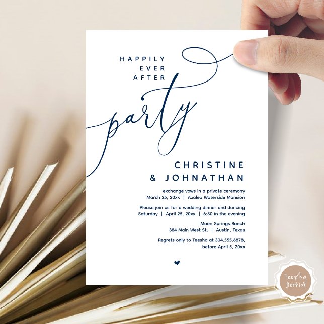 Convites Feliz Festa Depois, Janto Romântico de Casamento (Romantic Happily Ever After Party, Modern Wedding Dinner Invitation Card, PDF, Classy Navy Blue)