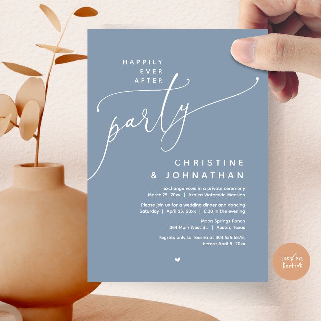Convites Feliz Festa Depois, Janto Romântico de Casamento (Romantic Happily Ever After Party, Modern Wedding Dinner Invitation Card, PDF, Dusty Blue)