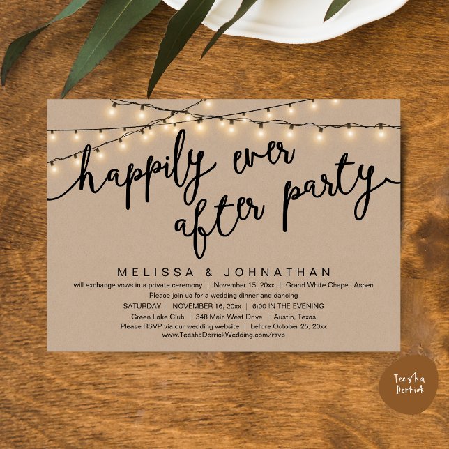 Convites Feliz Festa Depois, Janto Russo De Casamento (Happily Ever After Party, Rustic Wedding Dinner Invitation Card, PDF, Cottage Brown Kraft Graphic)
