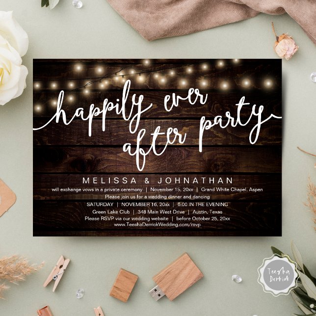 Convites Feliz Festa Depois, Janto Russo De Casamento (Happily Ever After Party, Rustic Wedding Dinner Invitation Card, PDF, Cottage Brown Wood Graphic)