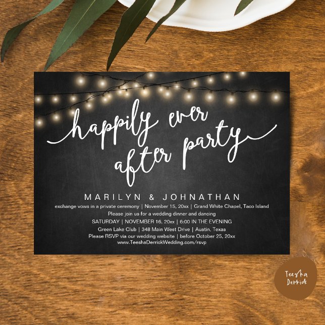 Convites Feliz Festa Depois, Janto Russo De Casamento (Happily Ever After Party, Rustic Wedding Dinner Dancing Invitation Card, PDF, Chalkboard Background)