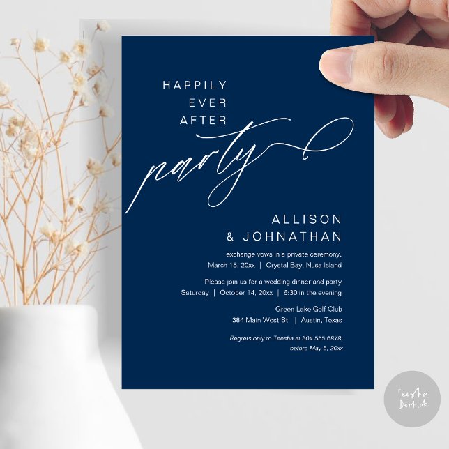 Convites Feliz Festa Depois, Moderno Elopemento De Casament (Happily Ever After Party, Modern Wedding Elopement Dinner Invitation Card, PDF, Navy Blue)