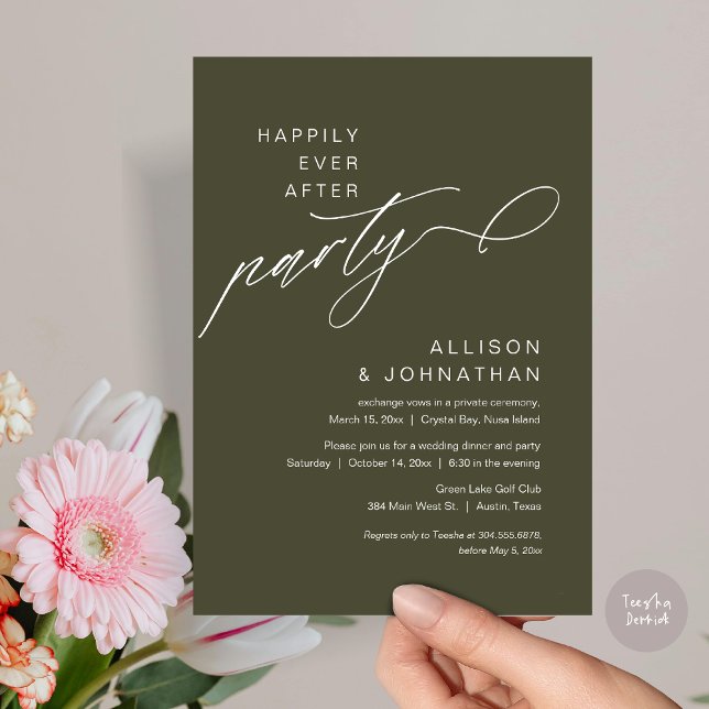 Convites Feliz Festa Depois, Moderno Elopemento De Casament (Happily Ever After Party, Modern Wedding Elopement Dinner Invitation Card, PDF, Olive green)