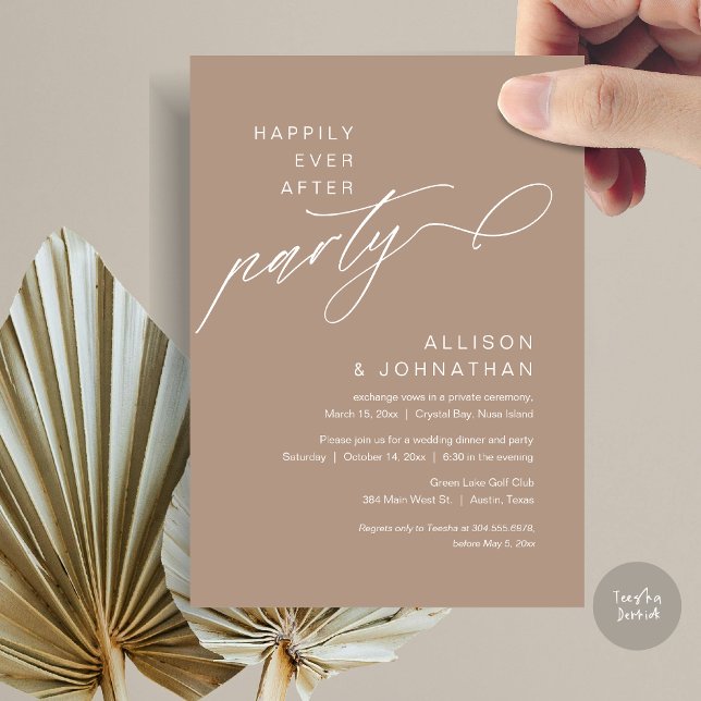 Convites Feliz Festa Depois, Moderno Elopemento De Casament (Happily Ever After Party, Modern Wedding Elopement Dinner Invitation Card, PDF, Warm Taupe)