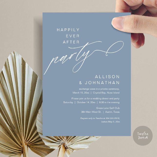 Convites Feliz Festa Depois, Moderno Elopemento De Casament (Happily Ever After Party, Modern Wedding Elopement Dinner Invitation Card, PDF, Dusty Blue)