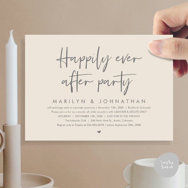 Convites Feliz Festa Depois, Recepção de casamento (Happily Ever After Party, Modern Wedding Reception Invitation Card, PDF, Cash Bar in Dark Grey Cream)