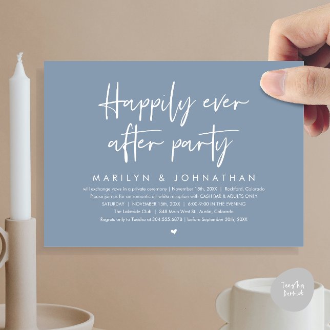Convites Feliz Festa Depois, Recepção de casamento (Happily Ever After Party, Modern Wedding Reception Invitation Card, PDF, Cash Bar in Dusty Blue)